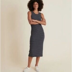 Marine Layer Women Lexi Rib Midi Dress Small Striped Minimalist Coastal Casual